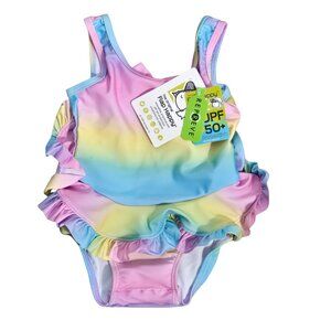 NWT | Flap Happy Baby Girl Rainbow Ombre UPF 50+ Ruffle One Piece Swimsuit | 6M